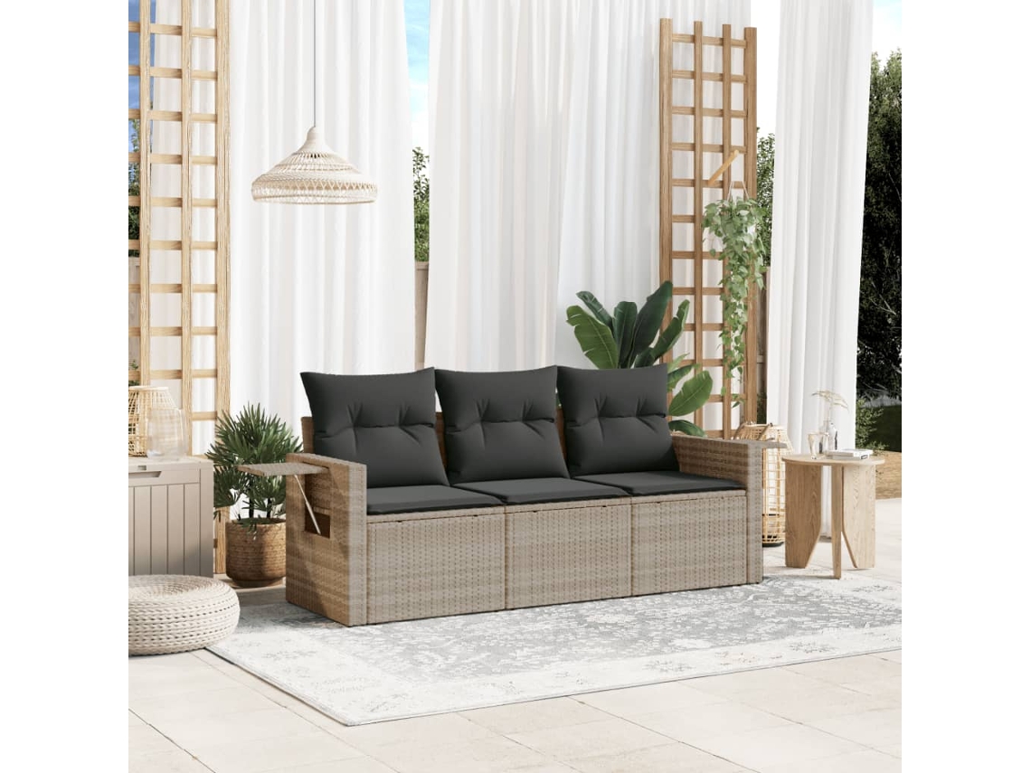 Vidaxl 3 Pcs Conj. Sofás Jardim C/ Almofadões Vime Pe Cinzento-claro