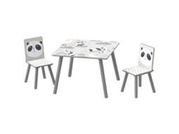 Conjunto De Mesa E 2 Cadeiras Infantis +3 Anos Com Borda E Tema Panda, Cinza E Branco