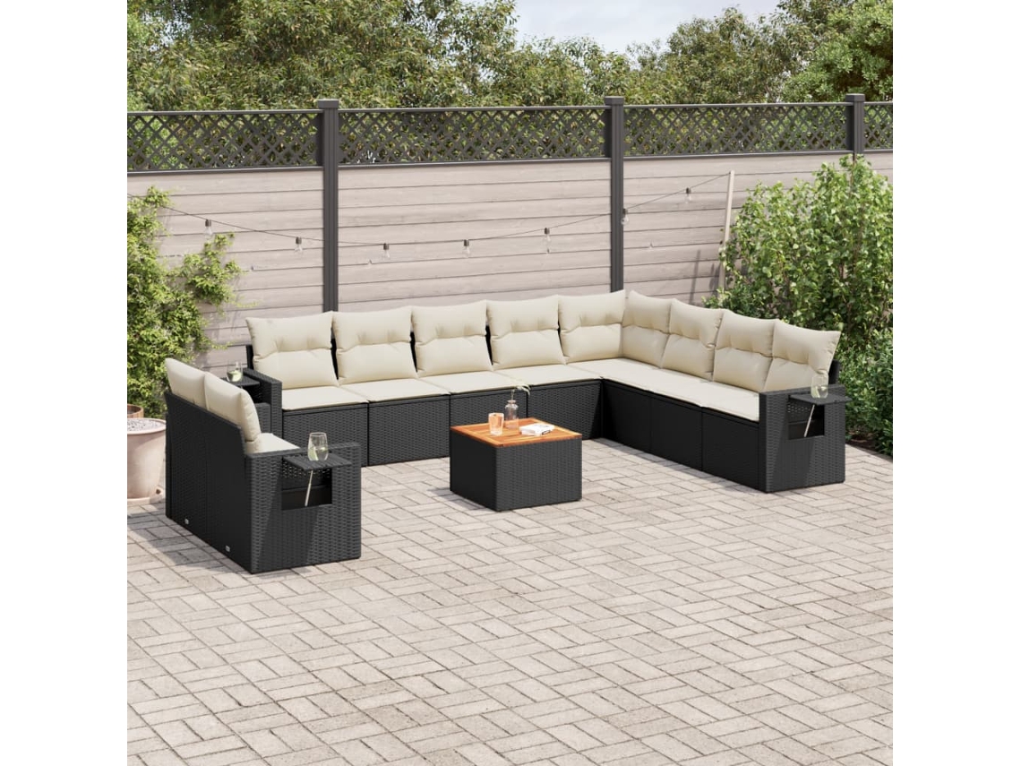 Jogo de Sofá Jardim 11 Peças C/ Almofadões Vime Pe Preto Dkd Home Decor