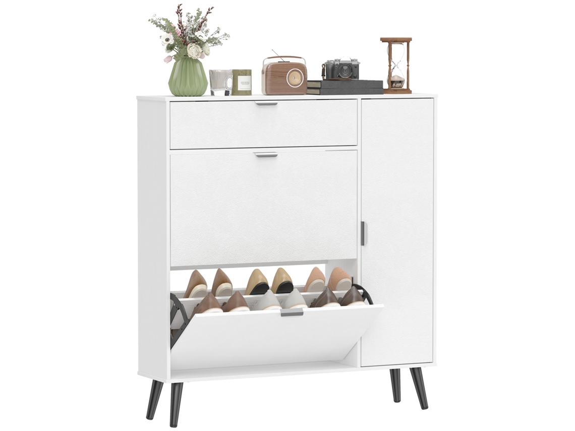 Armário Estreito para Calçado com 2 Compartimentos Rebatíveis, Portas em Pele e Prateleiras Ajustáveis, Branco BAGOLY SHOP