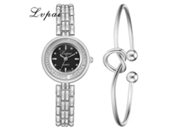 Relógio de Pulso Feminino Lvpai Conjunto Pulseira Quartzo Prata Preto Moda