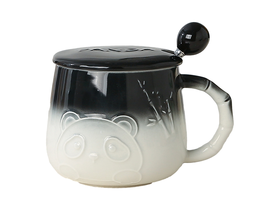 Caneca de Água de 400Ml Caneca de Cerâmica com Panda em Relevo com Tampa e Colher Caneca de Leite de Alto Valor para Casa NEVEANCE