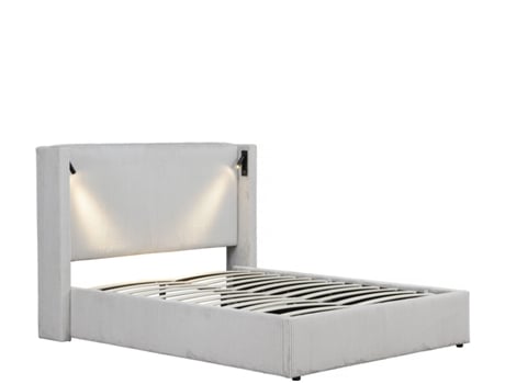 Cama De Casal Em Veludo Cotelê Com Cômoda Integrada E Abajur Cortina - 160 X 200 Cm - Bege