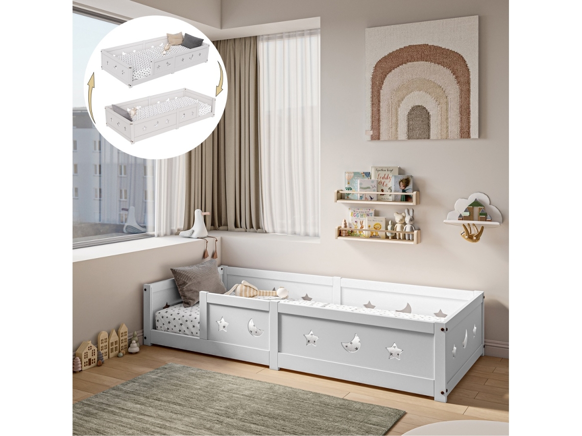 Cama Montessori Branca Para Criança 120x200 Cm, Estrutura Robusta Em Madeira, Grade De Segurança E Estrado De Ripas, Sem Colchão