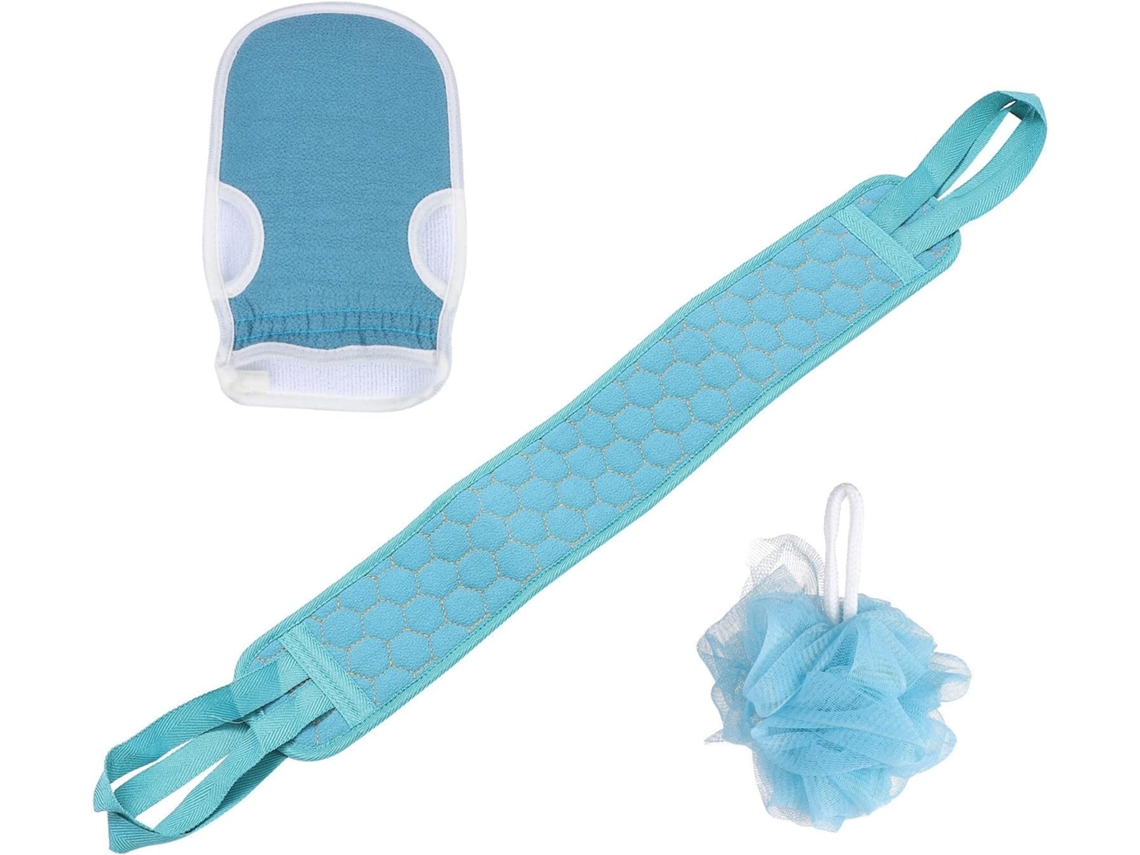 Conjunto de 3 esponjas esfoliantes de banho Luvas em papel azul, para limpeza profunda e formação de espuma.
