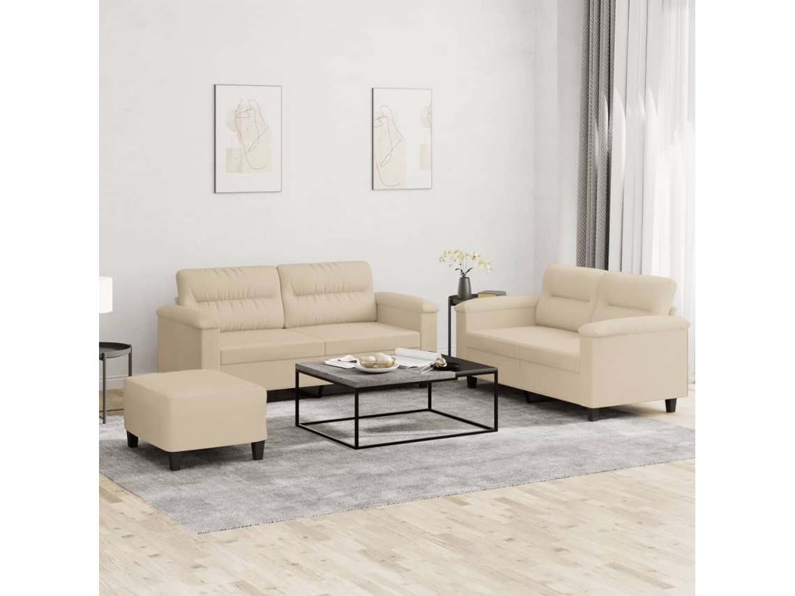 Vidaxl 3 Pcs Conj. Sofás C/ Almofadões Tecido De Microfibra Cor Creme