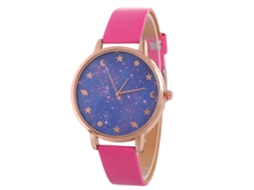 Relógio de Pulso Feminino de Quartzo com Pulseira de Couro e Esfera Céu Estrelado Roxo (rosa Vermelho)