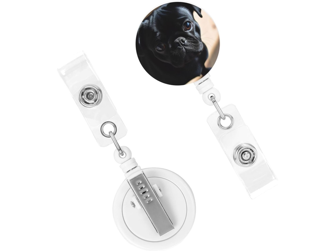 Porta Crachá Retrátil Reforçado, Com Espiral Crachá De Identificação Cães Da Raça Pug Preto, Porta Crachá, Chaveiro