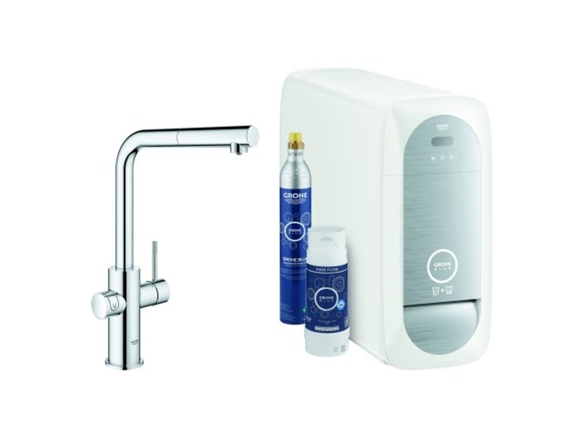 GROHE Blue Home Kit Inicial Boquilha em Forma de L 31539 - Misturador monocomando para lava-loiças com função de filtro, com refrigerador e Wi-Fi