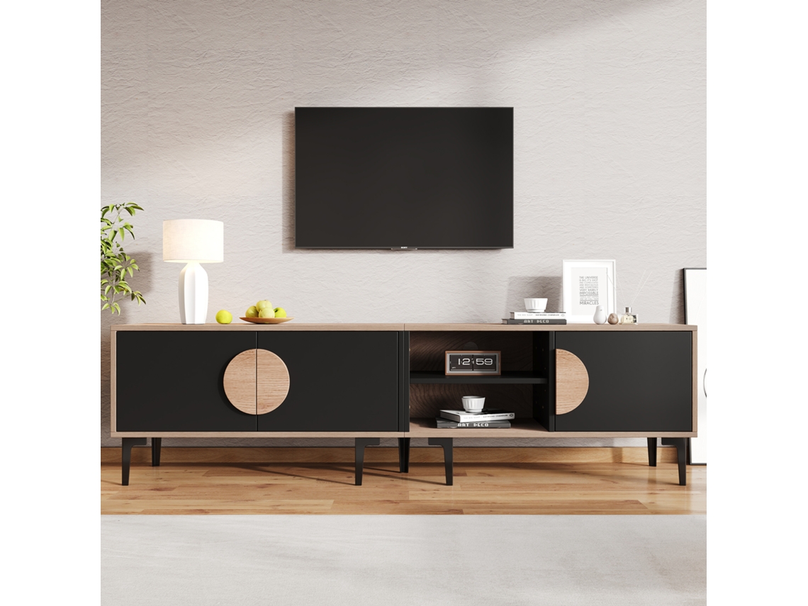 Painel Baixo 180x35x49cm Para Tv, Suporte Para Sala, Armário Com 2 Portas E Prateleiras Abertas, Madeira + Preto, Para Tvs De Até 80 Polegadas.