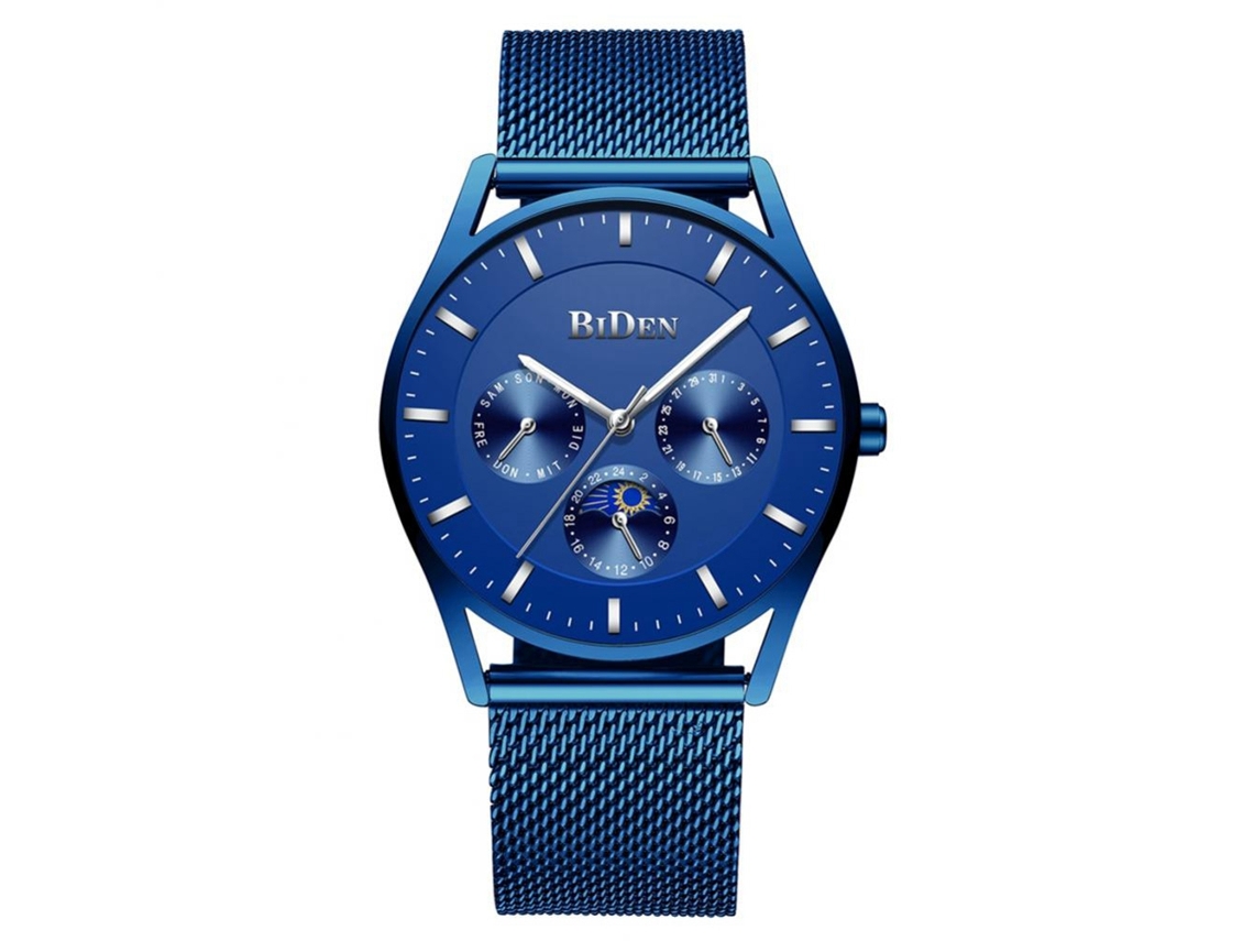 Relógio masculino Biden, aço inoxidável, pulseira de malha, movimento de quartzo, mostrador redondo, calendário.