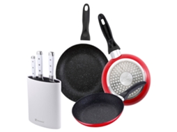 Conjunto De 3 Frigideiras Bergner Em Mármore Vermelho Marinho, Ø16ø20ø24cm, Com Bloco Para Facas.