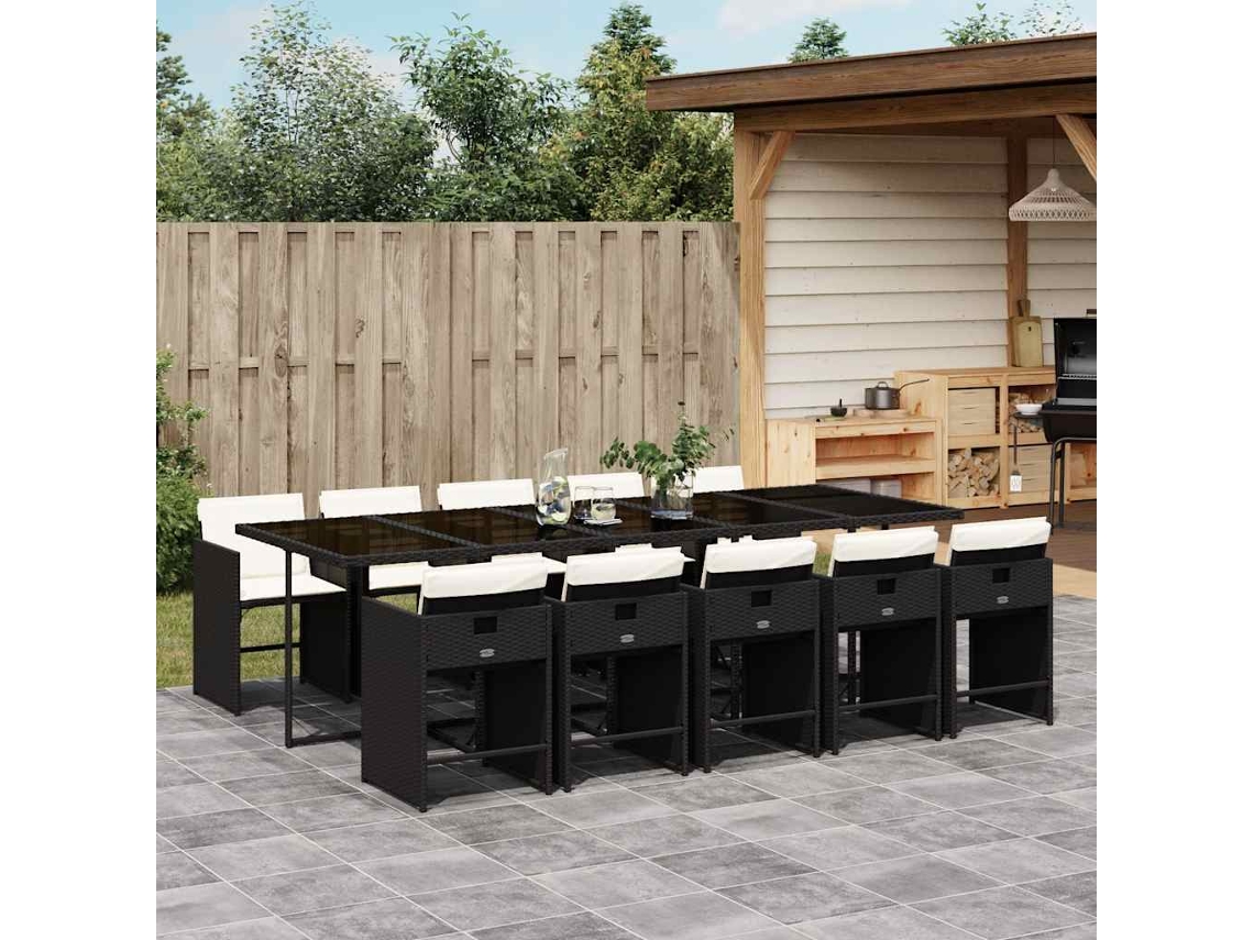 Vidaxl 11 Pcs Conjunto De Jantar P/ Jardim C/ Almofadões Vime Pe Preto