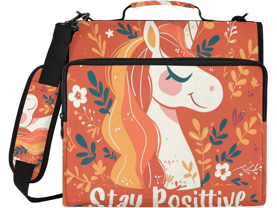 Pasta de 3 Argolas com Estampa Unicórnios "stay Positive", Zíper, Alça e Ombro Removível. Impermeável, Ideal P