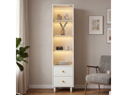 Vitrine Led, Estante Moderna C/ Portas De Vidro E 2 Gavetas, Ideal P/ Colecionadores, Estilo Contemporâneo, Puxadores Dourados, Branca – 165x40x35cm.