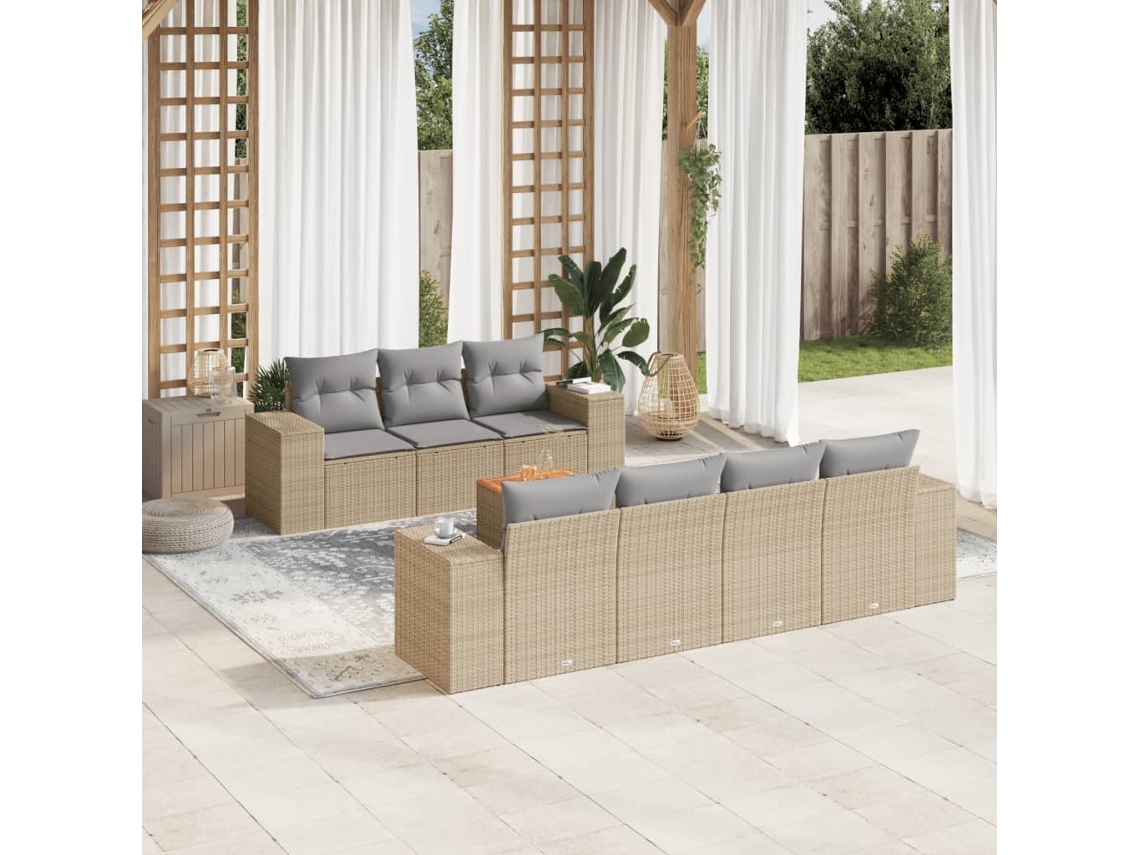 Vidaxl 8 Pcs Conjunto De Sofás P/ Jardim Com Almofadões Vime Pe Bege