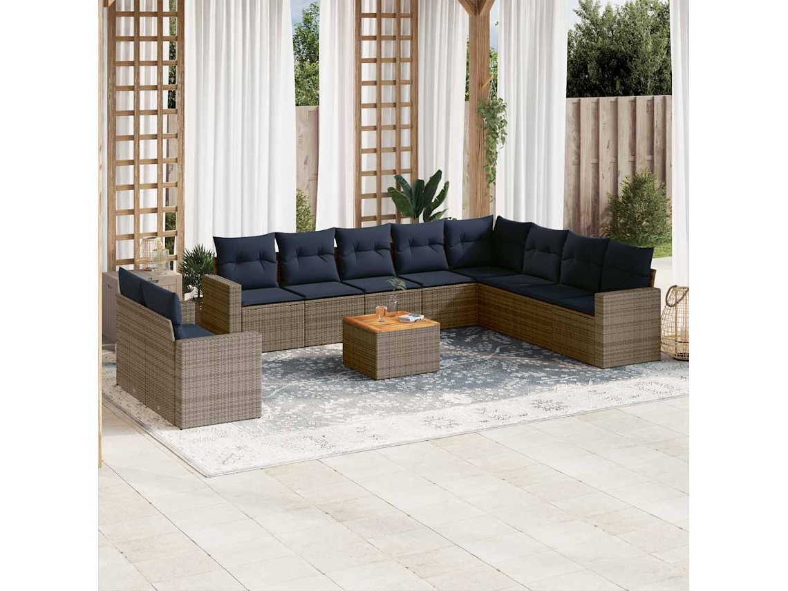 Vidaxl 11 Pcs Conjunto Sofás De Jardim C/ Almofadões Vime Pe Cinzento