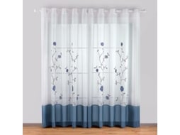 Cortina de Olho de Pombo Nova Line Transparente com Bordado Floral, 140x175cm, Azul