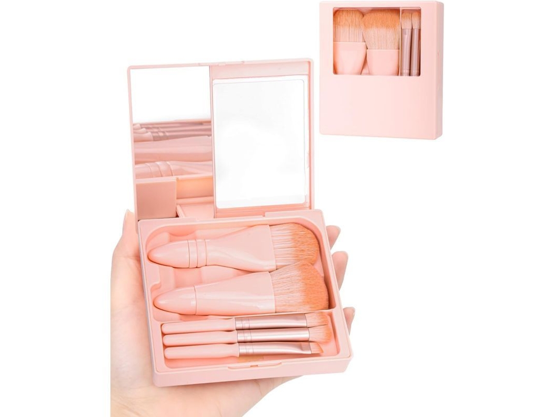 Conjunto de Pincéis de Maquilhagem Portátil com Estojo Rígido e Espelho, 5 Peças (rosa Claro)