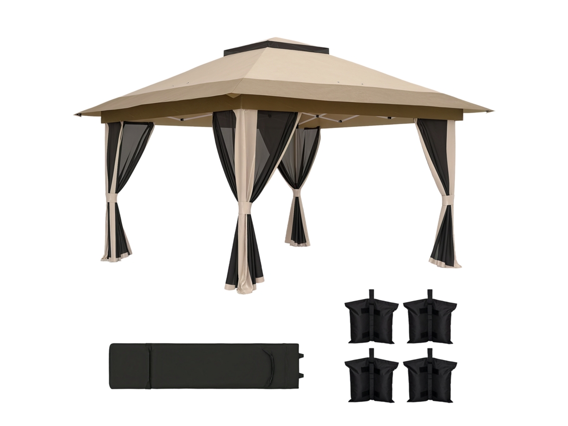 Tenda Dobrável 3,6x3,6 m com Laterais de Rede UPF50+ Altura Ajustável Bolsa com Rodas e Sacos de Areia BEGE