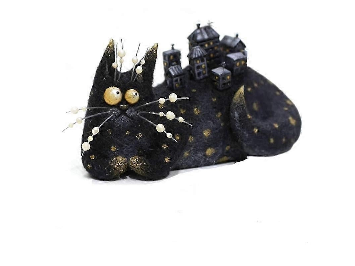 Boneca de Feltro Lã Feita À Mão para Companhia- Fibra Natural, Macia e Decorativa, para Mesa- Gato da Cidade Noturna BRILVIBERA