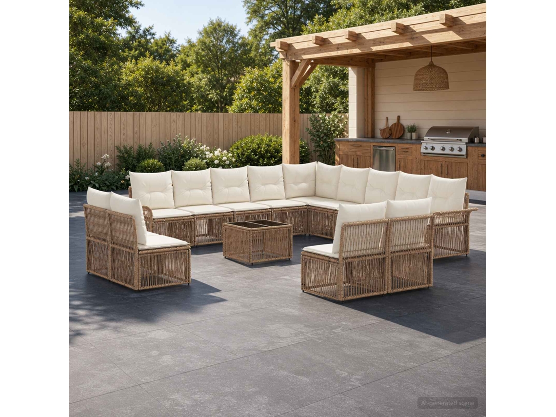 Vidaxl Conjunto De Sofá De Jardim 14 Unid. Bege Vime Pe