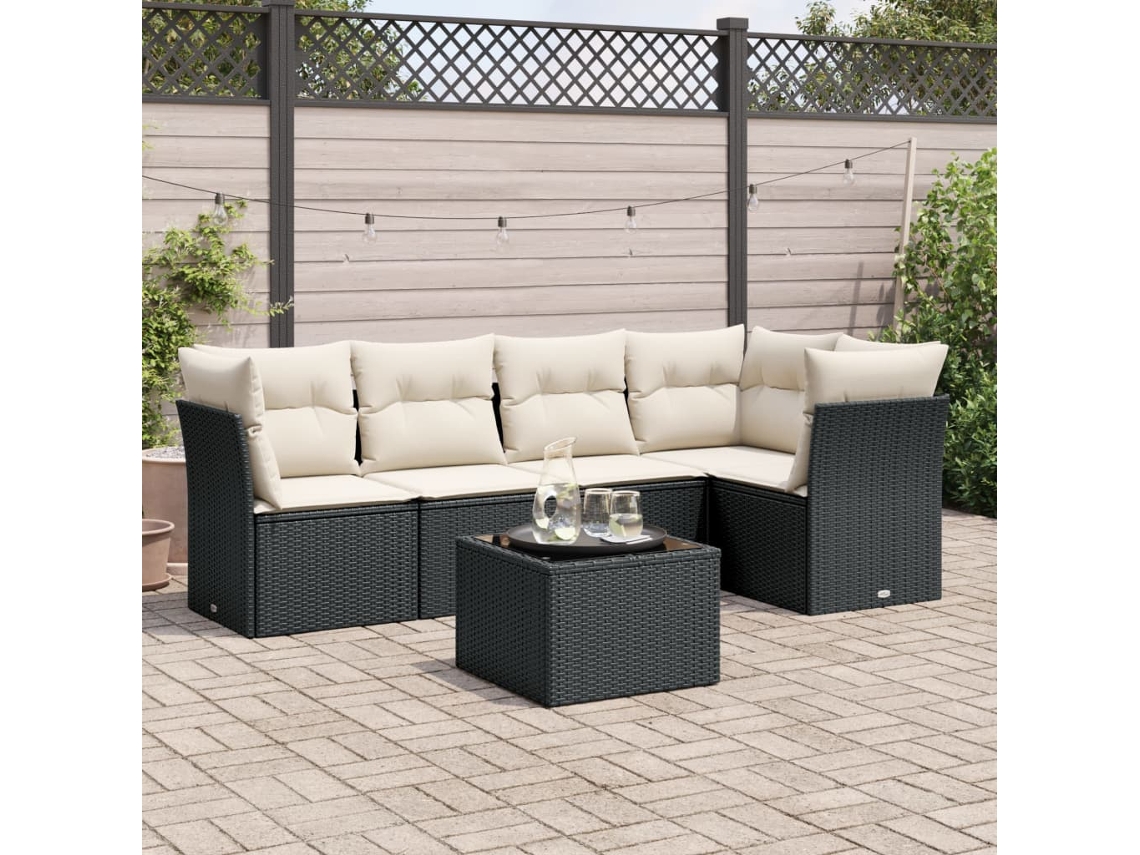 Vidaxl 6 Pcs Conjunto Sofás De Jardim C/ Almofadões Vime Pe Preto