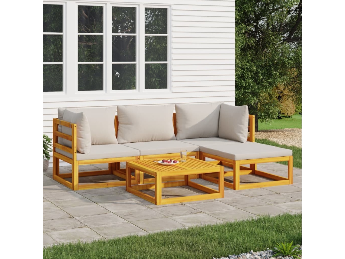 Conjunto 5 Peças Lounge De Jardim Madeira C/ Almofadões Cinza Claro Dkd Home Decor
