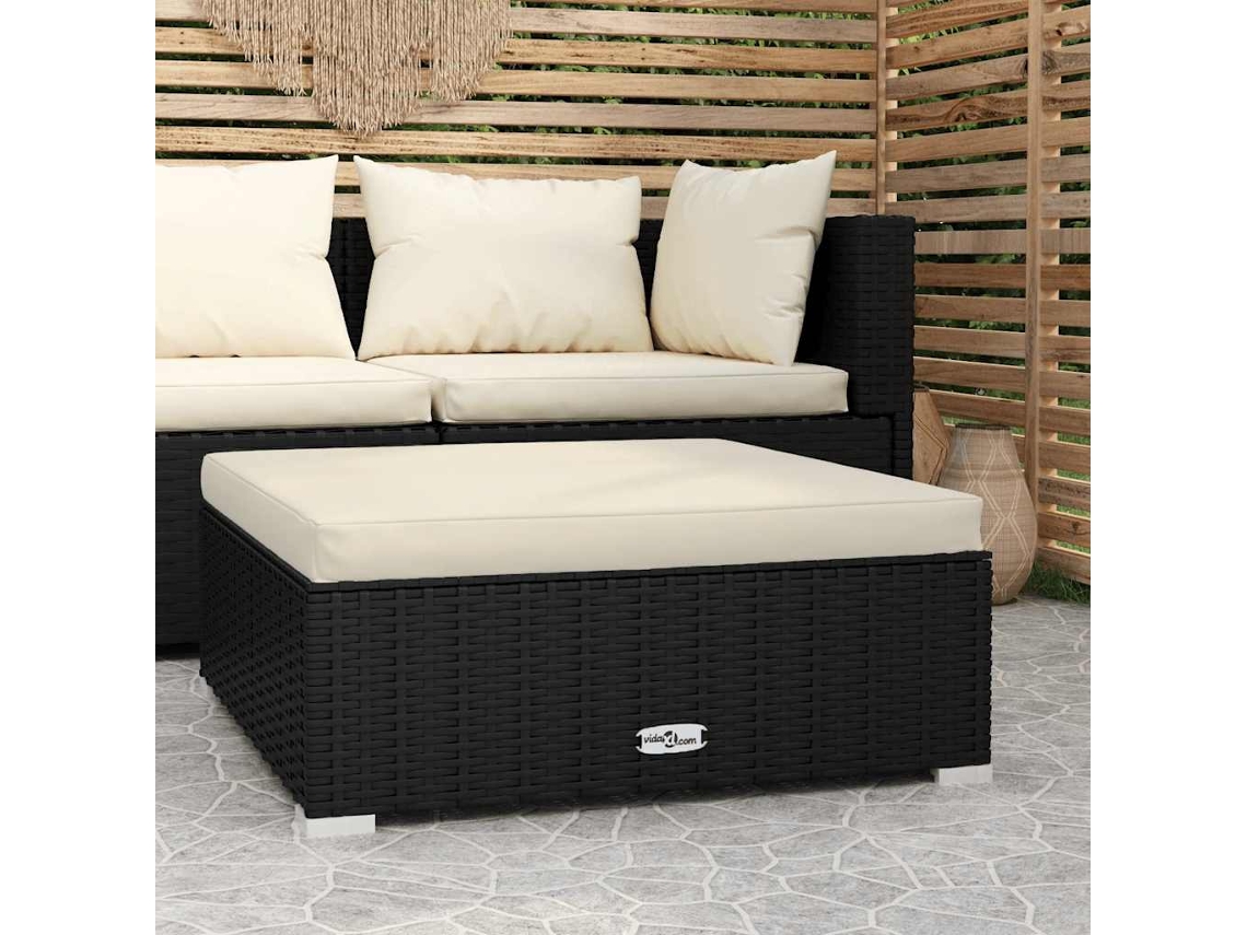 Vidaxl Apoio De Pés P/ Jardim Com Almofadão 70x70x30 Cm Vime Pe Preto