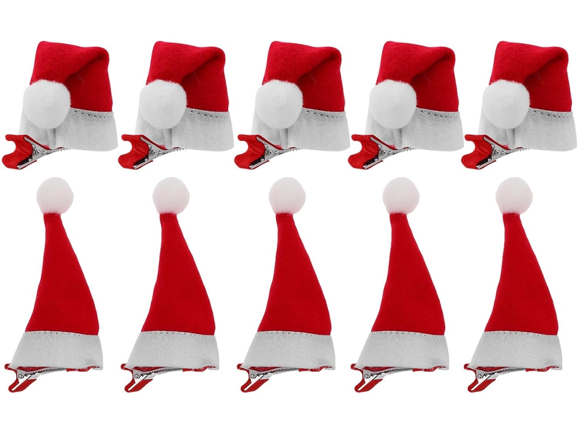 10 Presilhas de Cabelo em Formato de Gorro de Papai Noel Vermelho com Textura Jacaré