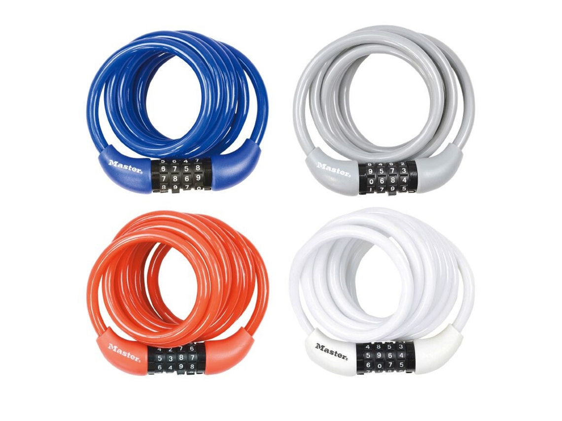 Conjunto de 4 fechaduras de cabos espiralados para bicicleta com combinação Masterlock 8 mm x 1,80 m