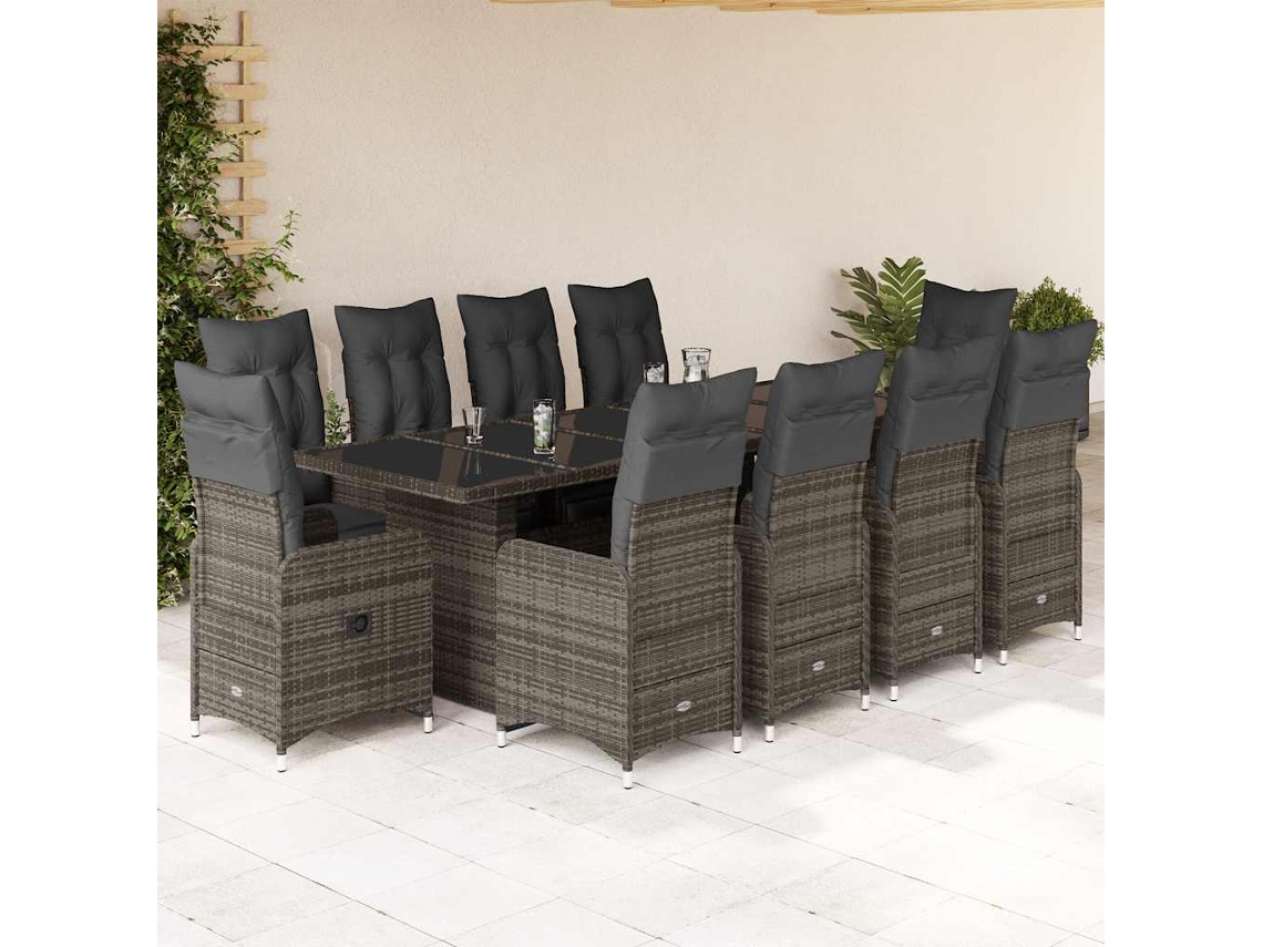 11 Pcs Conjunto Bistrô De Jardim C/ Almofadões Vime Pe Cinza Dkd Home Decor