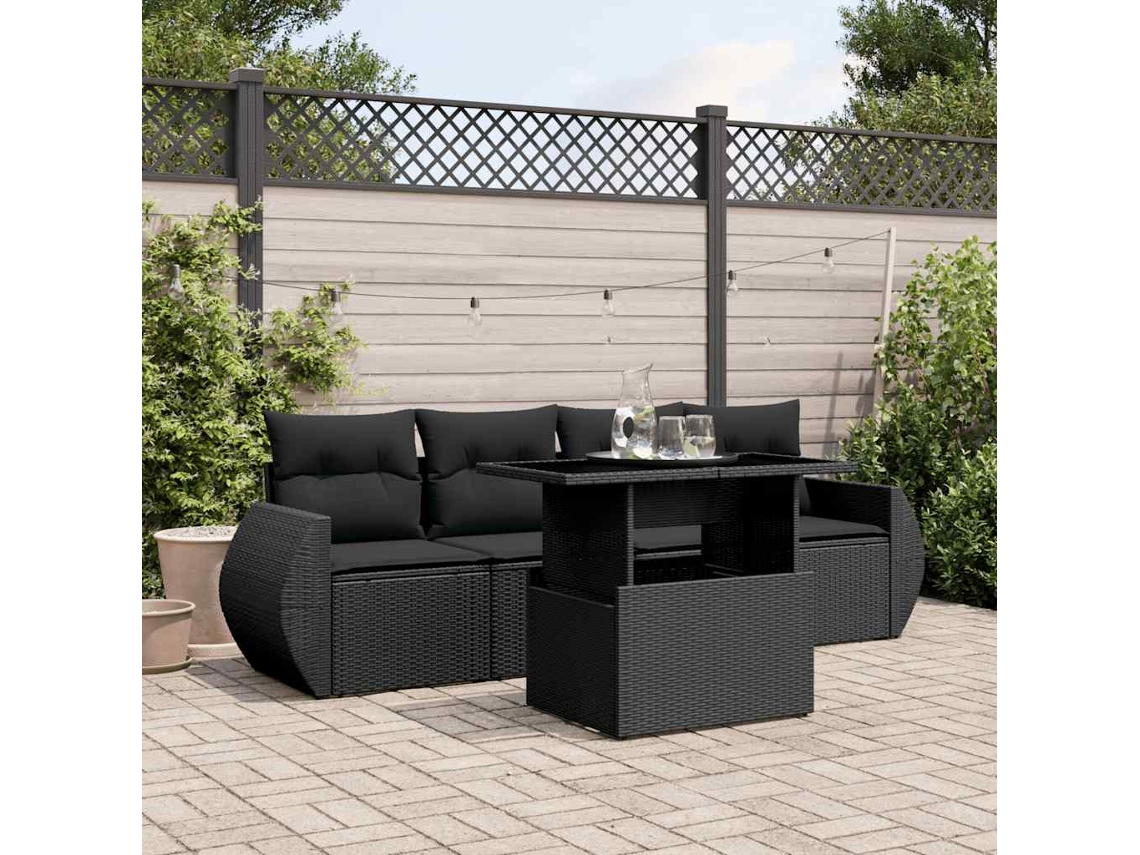 Vidaxl 5 Pcs Conjunto Sofás De Jardim Com Almofadões Vime Pe Preto