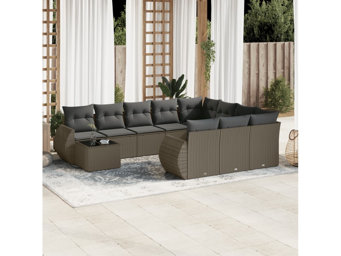 Vidaxl 11 Pcs Conjunto Sofás De Jardim C/ Almofadões Vime Pe Cinzento
