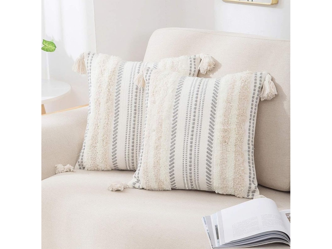 Capas de Almofada Boho Bege 45x45cm Set de 2, Tejidas com Tufos e Franje Decorativas para Sofá 18x18 Polegadas