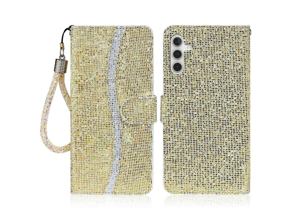 Capa Carteira Em Couro Pu Com Glitter, Compatível Com Samsung Galaxy A16 5g E 4g, Prateada, Multicolorida