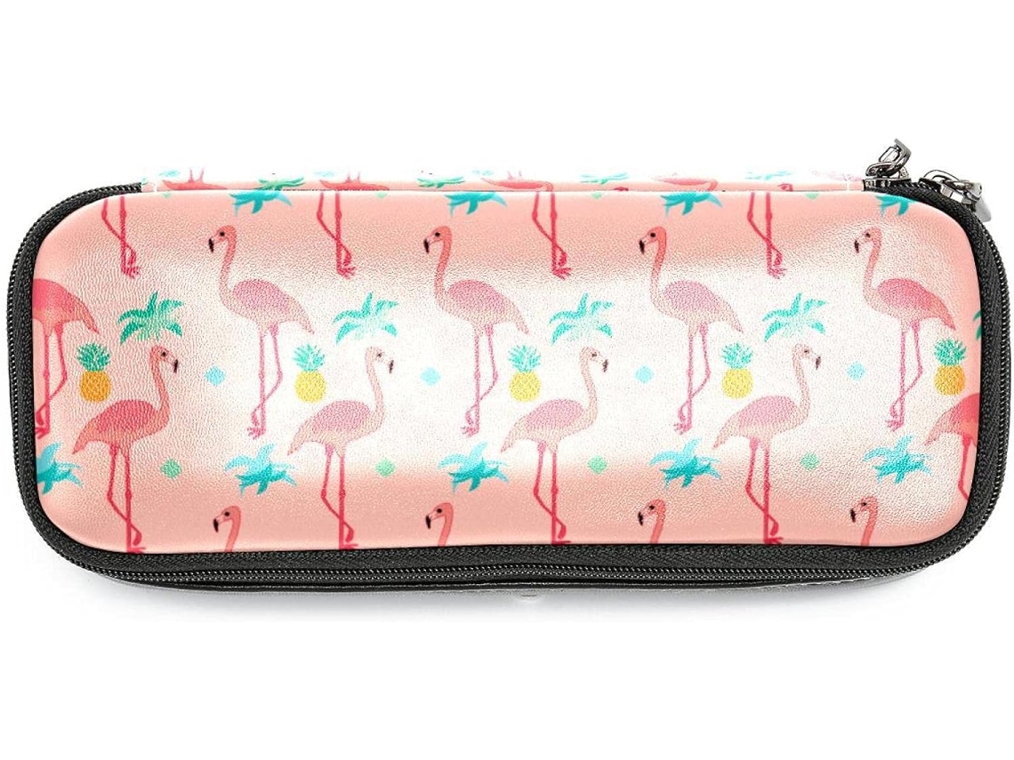 Estojo rosa com estampa de flamingos e abacáxis, grande capacidade, ideal para escola, mesa e adultos.