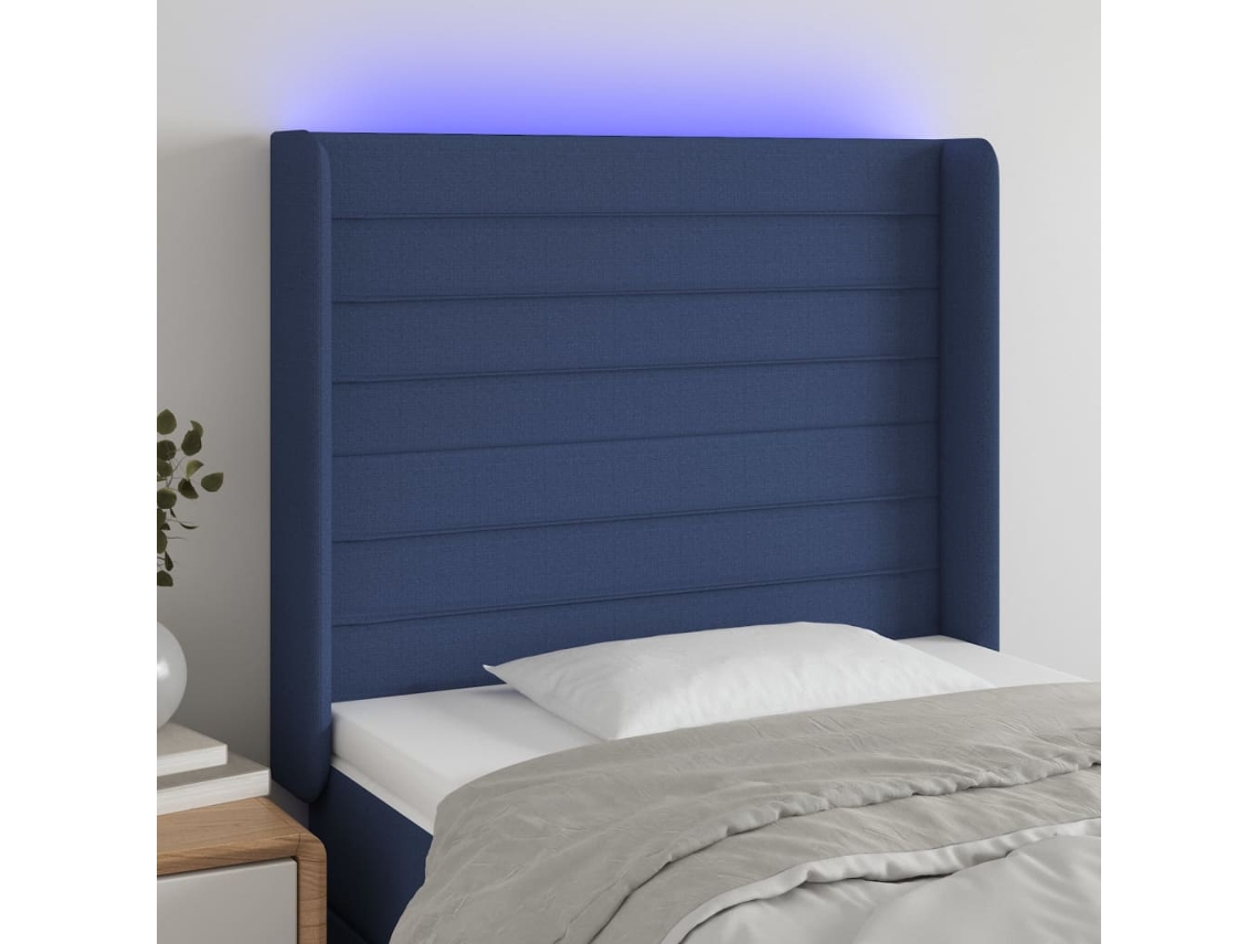 Vidaxl Cabeceira De Cama C/ Luzes Led Tecido 103x16x118/128 Cm Azul