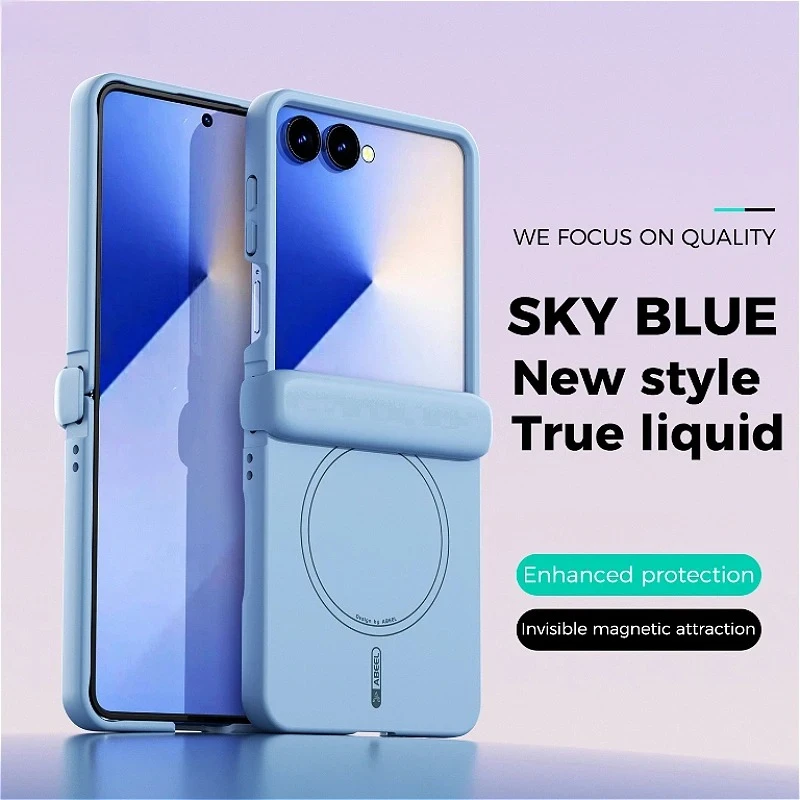 Capa De Celular Em Silicone Líquido (azul Celeste, Galaxy Z Flip 5), Compatível Com Magsafe, Resistente A Impactos E Impressões Digitais.