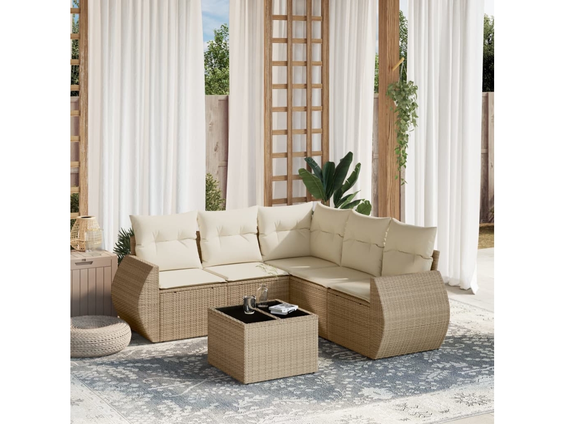 Vidaxl 6 Pcs Conjunto De Sofás P/ Jardim Com Almofadões Vime Pe Bege