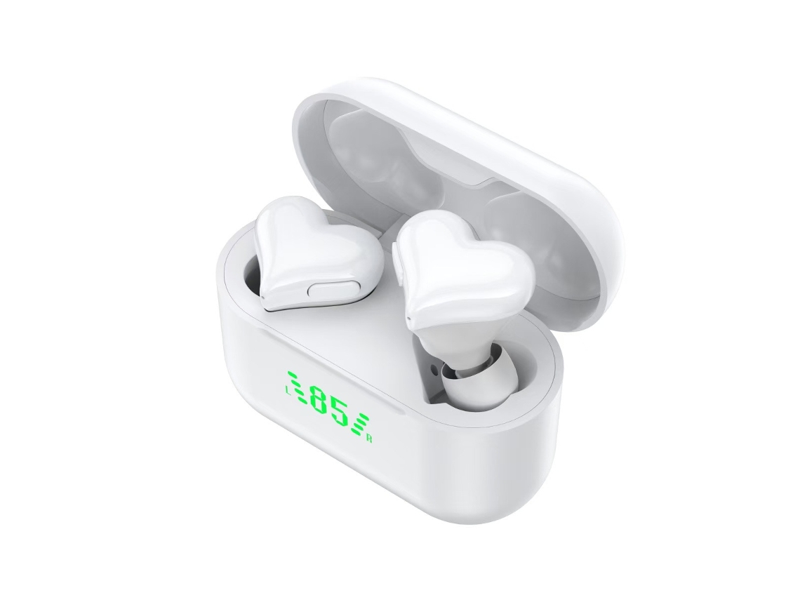 Fone Bluetooth Mini Sem Fio Em Formato De Coração Com Display De Bateria, Intra-auricular, Esporte, Cancelamento De Ruído - Branco