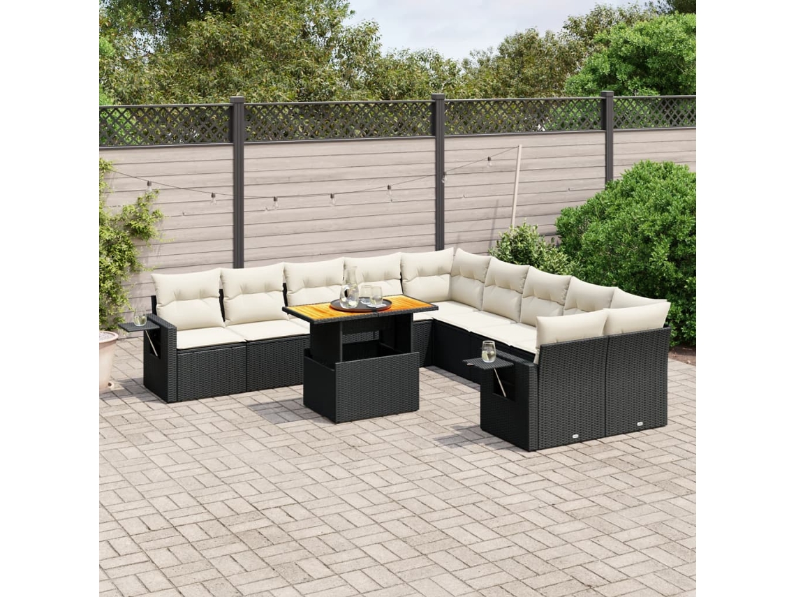 11 Pcs Conjunto Sofás De Jardim C/ Almofadões Vime Pe Preto Dkd Home Decor