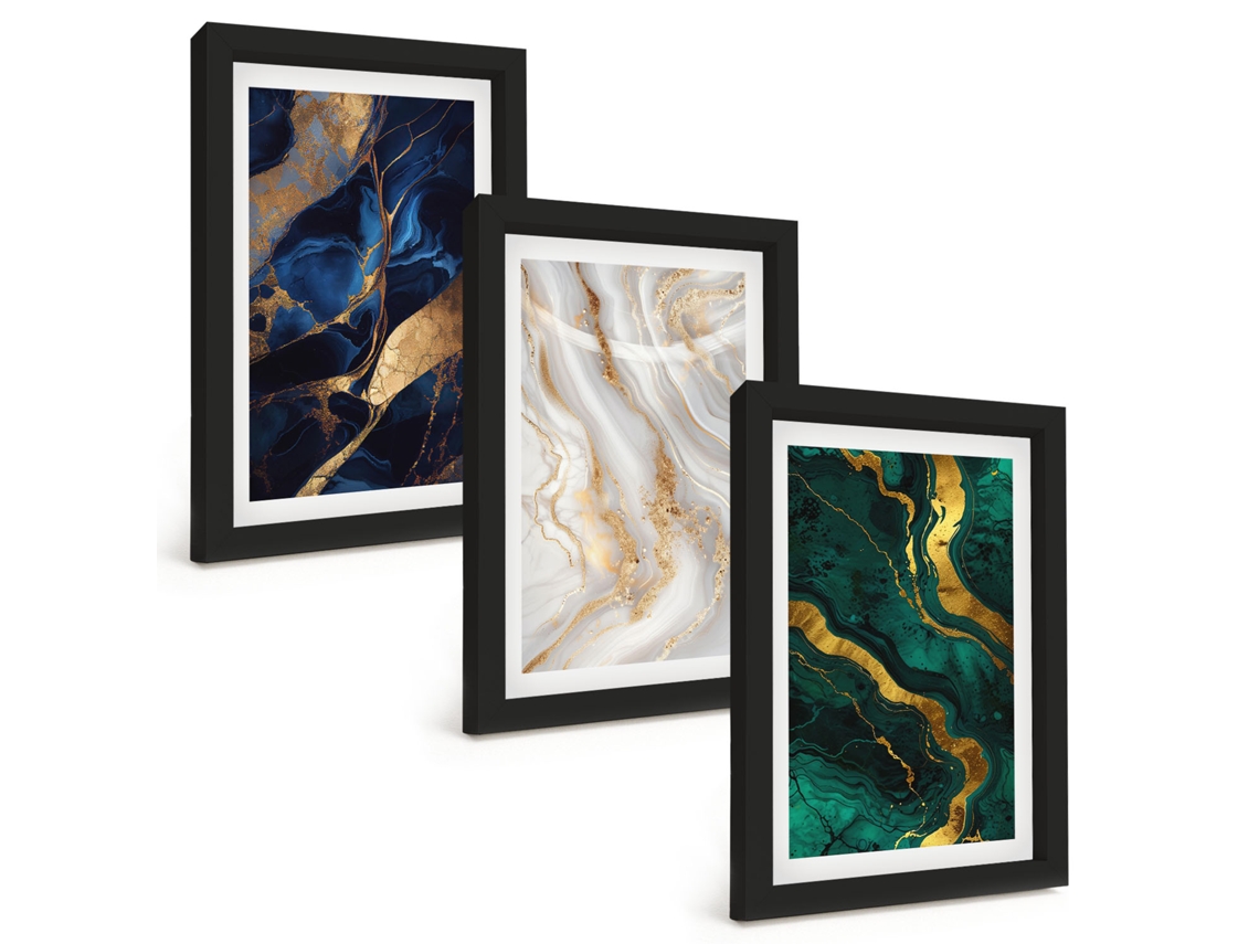Composição De Quadros Padrões Abstratos Em Azul E Verde Espelharte (3 Peças 20x30 Cm)