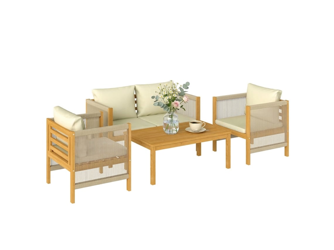 Conjunto de Móveis de Jardim, 4 Peças, Madeira de Acácia, Almofadas Removíveis e Corda Trançada Natural. ZACHARY
