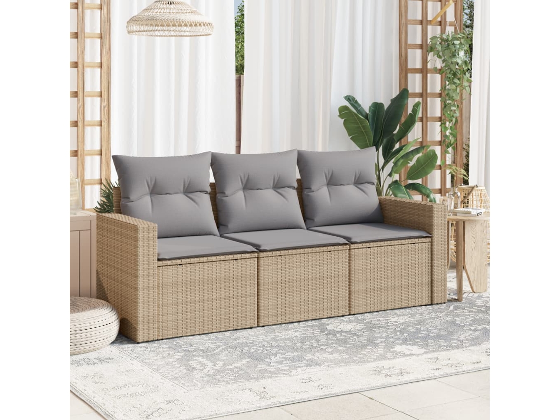 3 Pcs Conjunto De Sofás P/ Jardim Com Almofadões Vime Pe Bege Dkd Home Decor