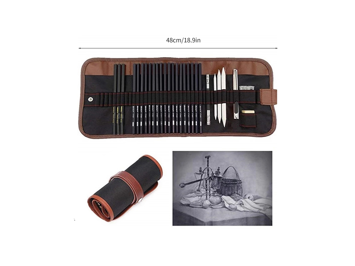Conjunto de 29 lápis de carvão para desenho artístico com estojo para crianças e artistas.