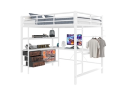Cama alta 140x200cm com luzes led, escrivaninha, tomada Usb, 3 gavetas, prateleiras, escada, grade de proteção, sem colchão, branca PAPRIKA