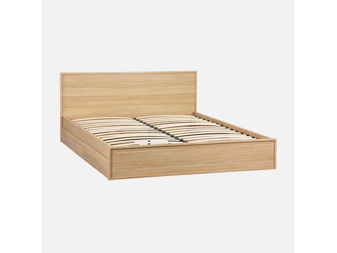 Cama Com Estrado De Ripas E Cabeceira 160x200cm + 4 Gavetas Em Madeira, Natural