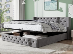 Cama Contentora De Veludo Com Estrado De Ripas 160x200 Cm - Cinzento
