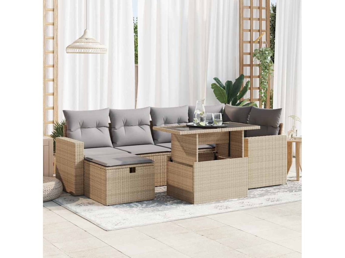 Vidaxl 7 Pcs Conjunto De Sofás P/ Jardim Com Almofadões Vime Pe Bege